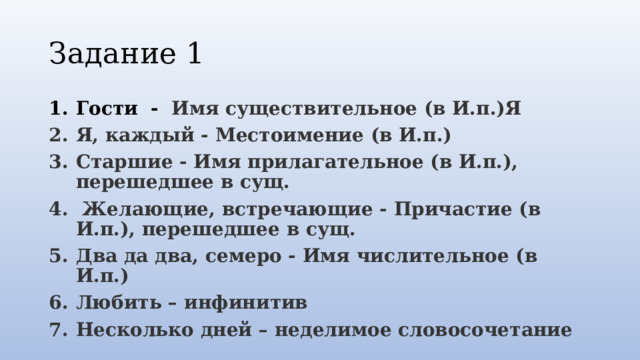 Задание 1 Гости - Имя существительное (в И.п.)Я Я, каждый - Местоимение (в И.п.) Старшие - Имя прилагательное (в И.п.), перешедшее в сущ.  Желающие, встречающие - Причастие (в И.п.), перешедшее в сущ. Два да два, семеро - Имя числительное (в И.п.) Любить – инфинитив Несколько дней – неделимое словосочетание 