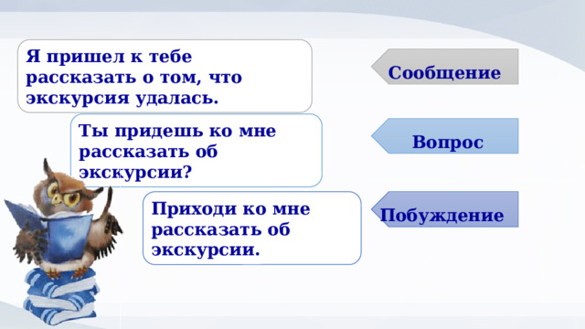 Я пришел к тебе рассказать о том, что экскурсия удалась. Сообщение Ты придешь ко мне рассказать об экскурсии?  Вопрос Приходи ко мне рассказать об экскурсии. Побуждение 
