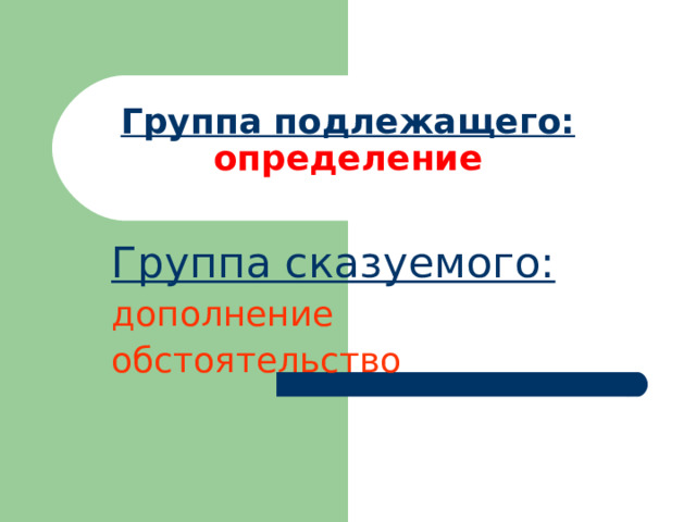 Группа подлежащего:  определение Группа сказуемого: дополнение обстоятельство 