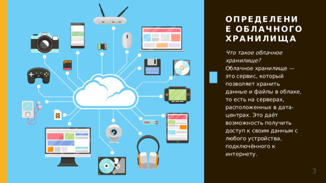 Определение облачного хранилища Что такое облачное хранилище?  Облачное хранилище — это сервис, который позволяет хранить данные и файлы в облаке, то есть на серверах, расположенных в дата-центрах. Это даёт возможность получить доступ к своим данным с любого устройства, подключённого к интернету.  