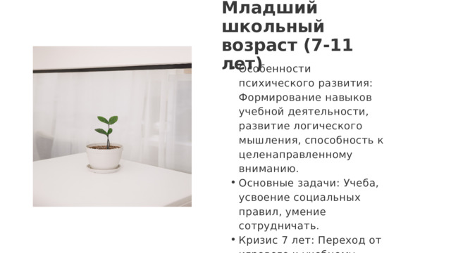 Младший школьный возраст (7-11 лет) Особенности психического развития: Формирование навыков учебной деятельности, развитие логического мышления, способность к целенаправленному вниманию. Основные задачи: Учеба, усвоение социальных правил, умение сотрудничать. Кризис 7 лет: Переход от игрового к учебному поведению, дети начинают осознавать свои успехи и неудачи в учебе. Особенности психического развития: Формирование навыков учебной деятельности, развитие логического мышления, способность к целенаправленному вниманию. Основные задачи: Учеба, усвоение социальных правил, умение сотрудничать. Кризис 7 лет: Переход от игрового к учебному поведению, дети начинают осознавать свои успехи и неудачи в учебе. 