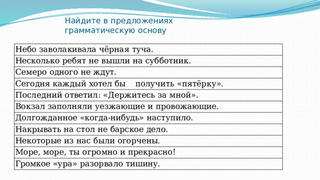 Найдите в  предложениях  грамматическую  основу Небо  заволакивала  чёрная  туча. Несколько  ребят не  вышли  на  субботник. Семеро  одного не  ждут. Сегодня  каждый  хотел  бы  получить  «пятёрку». Последний  ответил:  «Держитесь за  мной». Вокзал заполняли  уезжающие  и  провожающие. Долгожданное  «когда-нибудь»  наступило. Накрывать  на  стол  не  барское  дело. Некоторые из  нас  были  огорчены. Море,  море,  ты  огромно  и  прекрасно! Громкое  «ура»  разорвало  тишину. 