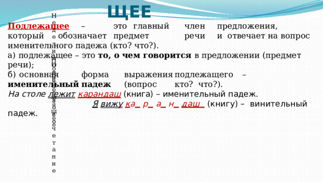 ПОДЛЕЖАЩЕЕ П о дл е ж а щ ее  –  э т о  г ла в ны й  ч л е н  пр е дл о ж е ния ,  к о т о р ы й  обозн а ч ает  пр е д м е т  р е ч и  и отвечает  на  вопрос  именительного  падежа  (кто?  что?). а)  подлежащее  –  это  то,  о  чем  говорится  в предложении  (предмет речи); б)  о с но в н ая  фо р м а  в ы ра ж е ни я  п о дле ж аще г о  –  им е н ит е л ь н ы й  пад еж  ( в опр о с  к т о? что?). На  столе  лежит  карандаш  (книга)  – именительный  падеж. Я  в и ж у  к а    р    а    н    д а ш    (к н и г у )  –  в и н и т е л ь н ый падеж. Подлежащее Одно слово Неделимое словосочетание 