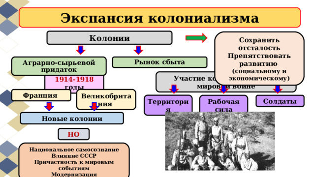 Экспансия колониализма Колонии Сохранить отсталость Препятствовать развитию (социальному и экономическому) Аграрно-сырьевой придаток Рынок сбыта Участие колоний в Первой мировой войне 1914-1918 годы Великобритания Франция Территория Рабочая сила Солдаты Новые колонии НО Национальное самосознание Влияние СССР Причастность к мировым событиям Модернизация 