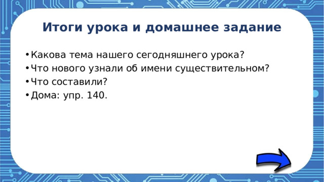 Итоги урока и домашнее задание Какова тема нашего сегодняшнего урока? Что нового узнали об имени существительном? Что составили? Дома: упр. 140. 