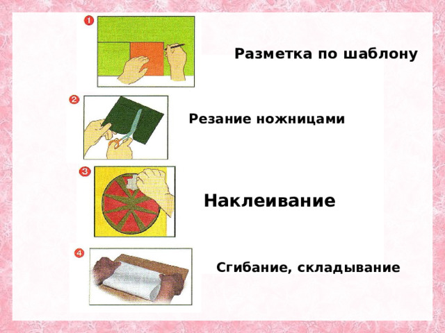 Разметка по шаблону Резание ножницами Наклеивание Сгибание, складывание 