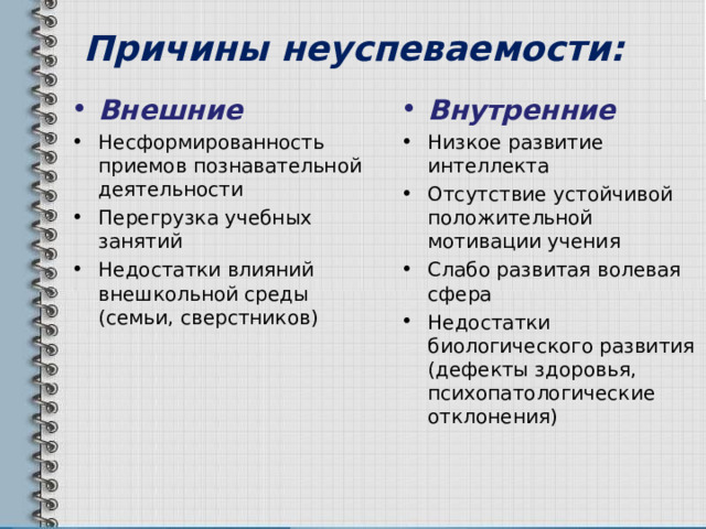  Причины неуспеваемости: Внешние Внутренние Несформированность приемов познавательной деятельности Перегрузка учебных занятий Недостатки влияний внешкольной среды (семьи, сверстников)  Низкое развитие интеллекта Отсутствие устойчивой положительной мотивации учения Слабо развитая волевая сфера Недостатки биологического развития (дефекты здоровья, психопатологические отклонения) 