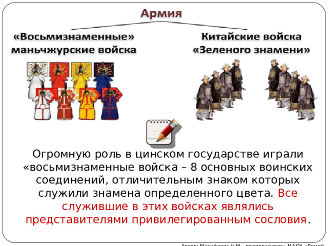 Огромную роль в цинском государстве играли «восьмизнаменные войска – 8 основных воинских соединений, отличительным знаком которых служили знамена определенного цвета. Все служившие в этих войсках являлись представителями привилегированным сословия . Автор: Михайлова Н.М.- преподаватель МАОУ «Лицей № 21» 