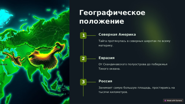  Географическое положение Северная Америка 1 Тайга протянулась в северных широтах по всему материку. Евразия 2 От Скандинавского полуострова до побережья Тихого океана. Россия 3 Занимает самую большую площадь, простираясь на тысячи километров. 