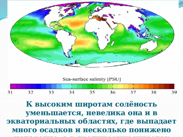 К высоким широтам солёность уменьшается, невелика она и в экваториальных областях, где выпадает много осадков и несколько понижено испарение, а в тропических широтах солёность повышена. 