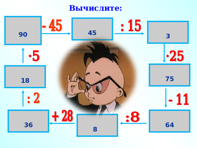 Вычислите: 90 90 45 3 75 18 36 64 8   