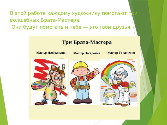 В этой работе каждому художнику помогают три волшебных Брата-Мастера.  Они будут помогать и тебе — это твои друзья. 