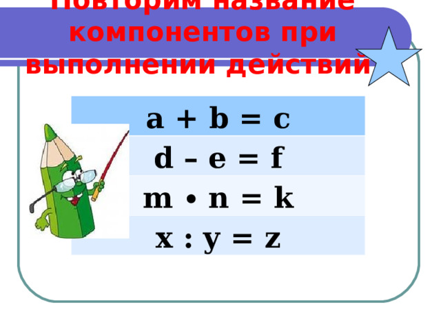 Повторим название компонентов при выполнении действий   a + b = c d – e = f m ∙ n = k x : y = z 