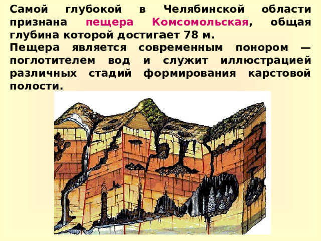 Самой глубокой в Челябинской области признана пещера Комсомольская , общая глубина которой достигает 78 м. Пещера является современным понором — поглотителем вод и служит иллюстрацией различных стадий формирования карстовой полости. 