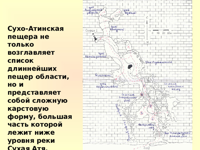 Сухо-Атинская пещера не только возглавляет список длиннейших пещер области, но и представляет собой сложную карстовую форму, большая часть которой лежит ниже уровня реки Сухая Атя. 