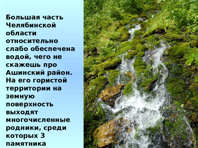 Большая часть Челябинской области относительно слабо обеспечена водой, чего не скажешь про Ашинский район. На его гористой территории на земную поверхность выходят многочисленные родники, среди которых 3 памятника природы. 