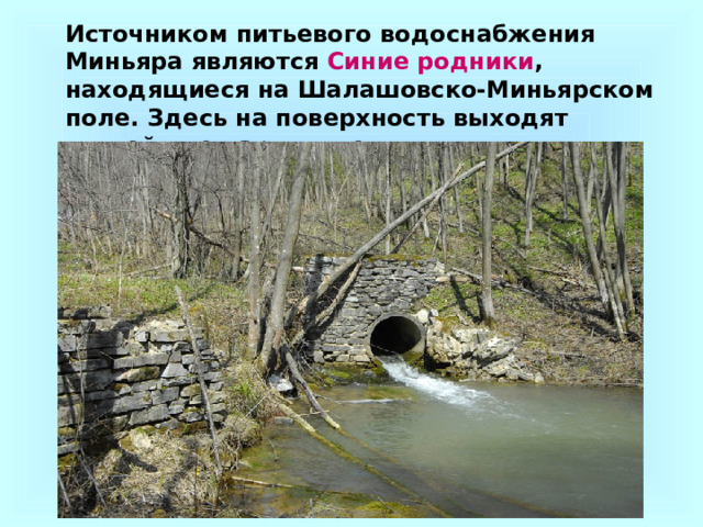 Источником питьевого водоснабжения Миньяра являются Синие родники , находящиеся на Шалашовско-Миньярском поле. Здесь на поверхность выходят чистейшие карстовые воды. 