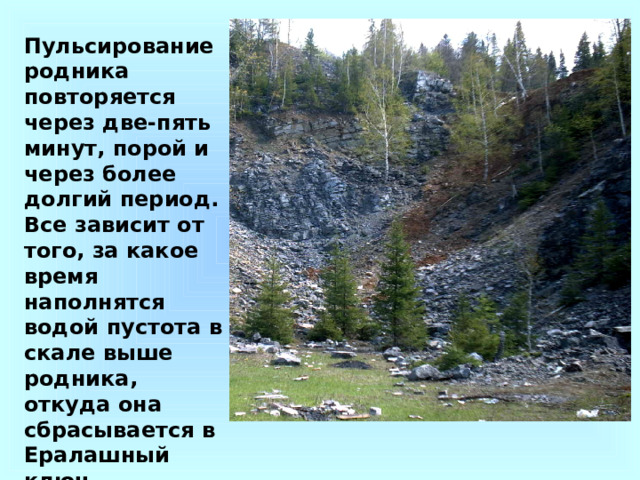 Пульсирование родника повторяется через две-пять минут, порой и через более долгий период. Все зависит от того, за какое время наполнятся водой пустота в скале выше родника, откуда она сбрасывается в Ералашный ключ. 