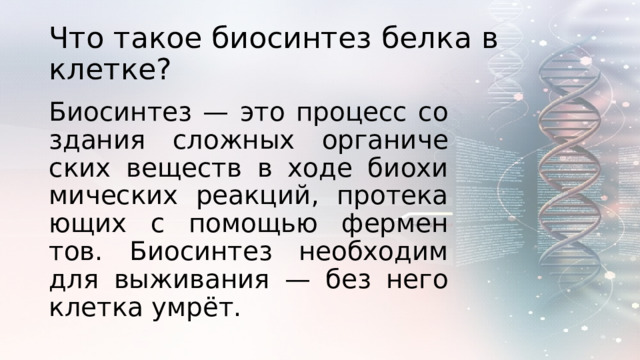 Что такое биосинтез белка в клетке? Био­син­тез — это про­цесс со­зда­ния слож­ных ор­га­ни­че­ских ве­ществ в ходе био­хи­ми­че­ских ре­ак­ций, про­те­ка­ю­щих с по­мо­щью фер­мен­тов. Биосинтез необходим для выживания — без него клетка умрёт.  