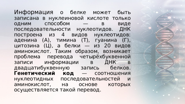 Информация о белке может быть записана в нуклеиновой кислоте только одним способом — в виде последовательности нуклеотидов. ДНК построена из 4 видов нуклеотидов: аденина (А), тимина (Т), гуанина (Г), цитозина (Ц), а белки — из 20 видов аминокислот. Таким образом, возникает проблема перевода четырёхбуквенной записи информации в ДНК в двадцатибуквенную запись белков. Генетический код — соотношения нуклеотидных последовательностей и аминокислот, на основе которых осуществляется такой перевод.  