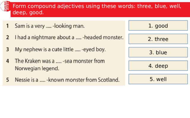 Form compound adjectives using these words: three, blue, well, deep, good. 1. good 2. three 3. blue 4. deep 5. well 