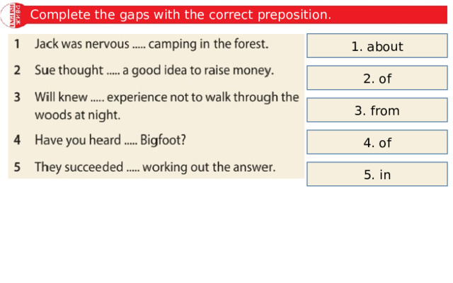 Complete the gaps with the correct preposition. 1. about 2. of 3. from 4. of 5. in 