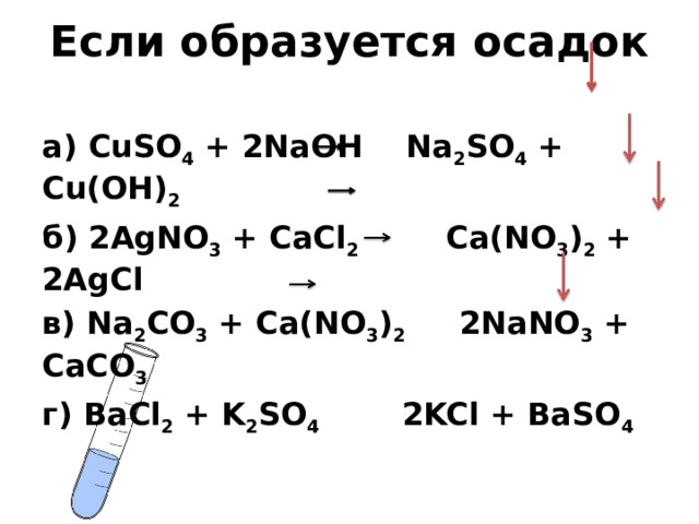 Если образуется осадок а) CuSO 4  + 2NaOH   Na 2 SO 4  + Cu(OH) 2 б) 2AgNO 3  + CaCl 2    Ca(NO 3 ) 2  + 2AgCl в) Na 2 CO 3  + Ca(NO 3 ) 2    2NaNO 3  + CaCO 3 г) BaCl 2  + K 2 SO 4    2KCl + BaSO 4  