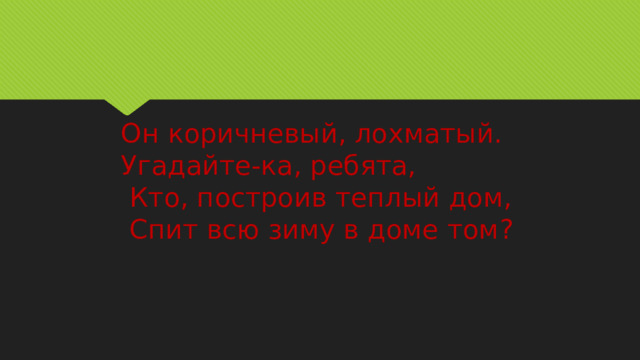 Он коричневый, лохматый.  Угадайте-ка, ребята,  Кто, построив теплый дом,  Спит всю зиму в доме том? 