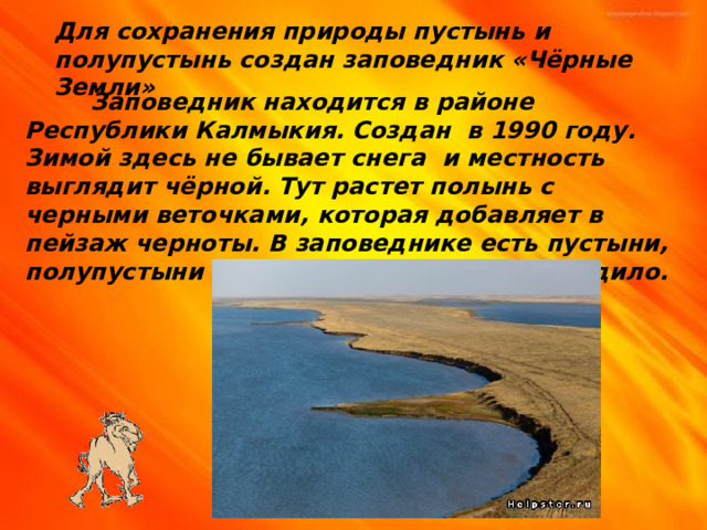 Для сохранения природы пустынь и полупустынь создан заповедник «Чёрные Земли»  Заповедник находится в районе Республики Калмыкия. Создан в 1990 году. Зимой здесь не бывает снега и местность выглядит чёрной. Тут растет полынь с черными веточками, которая добавляет в пейзаж черноты. В заповеднике есть пустыни, полупустыни и красивое озеро Маныч-Гудило. 