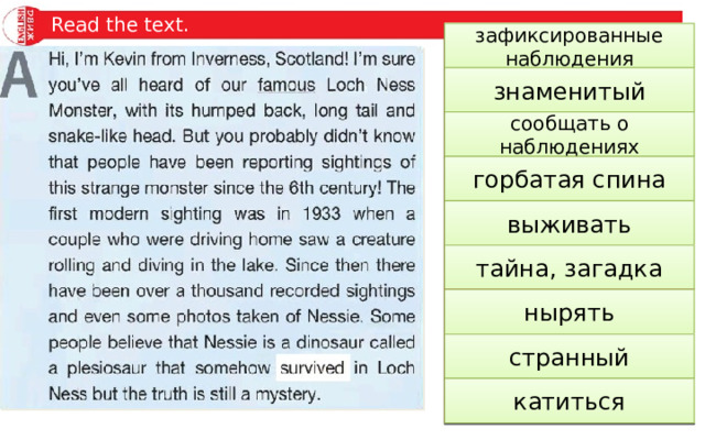 Read the text. зафиксированные наблюдения recorded sightings знаменитый famous to report sightings сообщать о наблюдениях humped back горбатая спина to survive выживать mystery тайна, загадка to dive нырять strange странный to roll катиться 