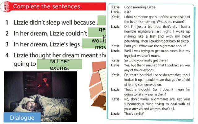 Complete the sentences. she had a horrible nightmare. get to an exam. wouldn’t move. fail her exams. Dialogue 