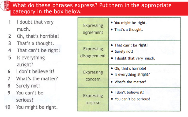 What do these phrases express? Put them in the appropriate category in the box below. 