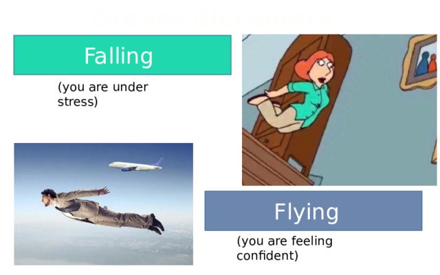 Dream dictionary Falling (you are under stress) Flying (you are feeling confident) 
