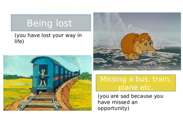 Dream dictionary Being lost (you have lost your way in life) Missing a bus, train, plane etc. (you are sad because you have missed an opportunity) 