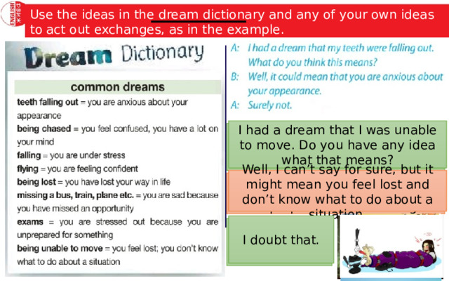 Use the ideas in the dream dictionary and any of your own ideas to act out exchanges, as in the example. I dreamt that I missed the bus. What do you think it could mean? I had a dream that I was lost. Do you have any idea what that means? I had a dream that I was taking exams. What do you think it means? I had a dream that I was unable to move. Do you have any idea what that means? I had a dream that I was flying. What do you think it means? I dreamt that I was falling. What could it mean? I had a dream that I was being chased. Do you have any idea what that means? It could mean that you are stressed out because you are unprepared for something. Well, I can’t say for sure, but it might mean you feel lost and don’t know what to do about a situation. I think it means you feel you have lost your way in life. It means you are sad because you have missed an opportunity. I can’t say for sure, but it might mean you’re under stress. Well, it could be a sign that you are feeling confident! I think it means you feel confused. Do you really think so? Surely not! That’s a thought. I doubt that. You must be joking! That can’t be right! You could be right. 