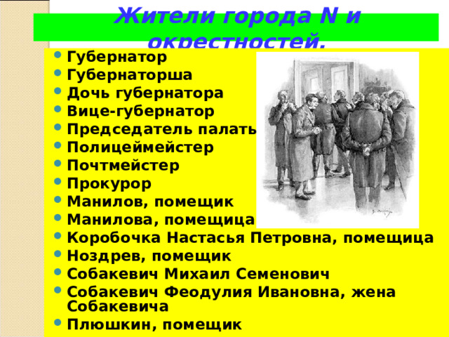 Жители города N и окрестностей. Губернатор Губернаторша Дочь губернатора Вице-губернатор Председатель палаты Полицеймейстер Почтмейстер Прокурор Манилов, помещик Манилова, помещица Коробочка Настасья Петровна, помещица Ноздрев, помещик Собакевич Михаил Семенович Собакевич Феодулия Ивановна, жена Собакевича Плюшкин, помещик  