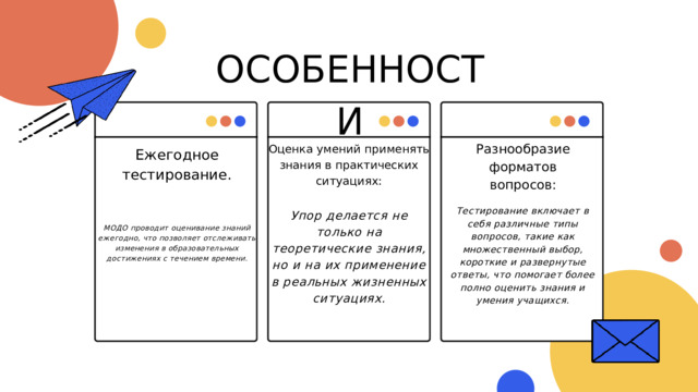 ОСОБЕННОСТИ Ежегодное тестирование. Разнообразие форматов вопросов: Оценка умений применять знания в практических ситуациях: Тестирование включает в себя различные типы вопросов, такие как множественный выбор, короткие и развернутые ответы, что помогает более полно оценить знания и умения учащихся. Упор делается не только на теоретические знания, но и на их применение в реальных жизненных ситуациях. МОДО проводит оценивание знаний ежегодно, что позволяет отслеживать изменения в образовательных достижениях с течением времени. 
