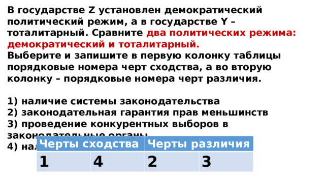 В государстве Z установлен демократический политический режим, а в государстве Y – тоталитарный. Сравните два политических режима: демократический и тоталитарный. Выберите и запишите в первую колонку таблицы порядковые номера черт сходства, а во вторую колонку – порядковые номера черт различия.  1) наличие системы законодательства 2) законодательная гарантия прав меньшинств 3) проведение конкурентных выборов в законодательные органы 4) наличие правоохранительных органов Черты сходства 1 Черты различия 4 2 3 