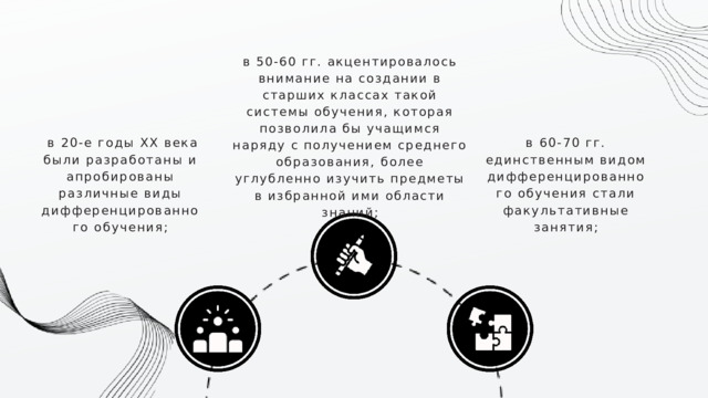 в 50-60 гг. акцентировалось внимание на создании в старших классах такой системы обучения, которая позволила бы учащимся наряду с получением среднего образования, более углубленно изучить предметы в избранной ими области знаний;  в 20-е годы ХХ века были разработаны и апробированы различные виды дифференцированного обучения; в 60-70 гг. единственным видом дифференцированного обучения стали факультативные занятия; 