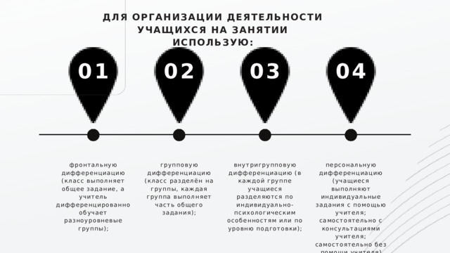 ДЛЯ ОРГАНИЗАЦИИ ДЕЯТЕЛЬНОСТИ УЧАЩИХСЯ НА ЗАНЯТИИ ИСПОЛЬЗУЮ: 03 04 01 02 групповую дифференциацию (класс разделён на группы, каждая группа выполняет часть общего задания); фронтальную дифференциацию (класс выполняет общее задание, а учитель дифференцированно обучает разноуровневые группы); внутригрупповую дифференциацию (в каждой группе учащиеся разделяются по индивидуально-психологическим особенностям или по уровню подготовки); персональную дифференциацию (учащиеся выполняют индивидуальные задания с помощью учителя; самостоятельно с консультациями учителя; самостоятельно без помощи учителя) 