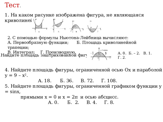 Тест . 1. На каком рисунке изображена фигура, не являющаяся криволинейной трапецией? 2. С помощью формулы Ньютона-Лейбница вычисляют: А. Первообразную функции; Б. Площадь криволинейной трапеции; В. Интеграл; Г. Производную. А. 0. Б. – 2. В. 1. Г. 2 . 3.Найдите площадь заштрихованной фигуры . 4. Найдите площадь фигуры, ограниченной осью Ох и параболой у = 9 – х 2 .  А. 18. Б. 36. В. 72. Г. 108. 5. Найдите площадь фигуры, ограниченной графиком функции у = sinx,  прямыми х = 0 и х = 2π и осью абсцисс.  А. 0. Б. 2. В. 4. Г. 8. 