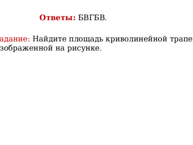 Ответы:  БВГБВ . Задание: Найдите площадь криволинейной трапеции, изображенной на рисунке . 