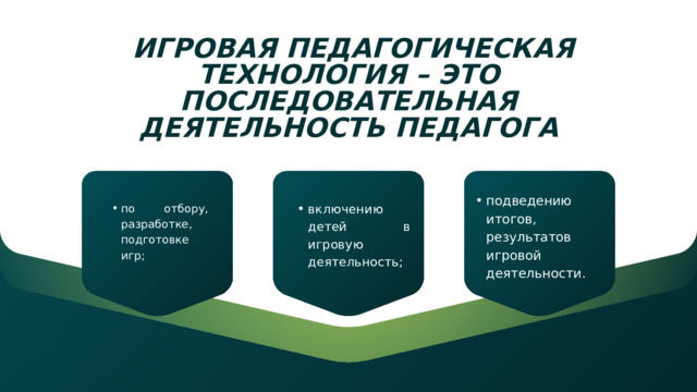  ИГРОВАЯ ПЕДАГОГИЧЕСКАЯ ТЕХНОЛОГИЯ – ЭТО ПОСЛЕДОВАТЕЛЬНАЯ ДЕЯТЕЛЬНОСТЬ ПЕДАГОГА подведению итогов, результатов игровой деятельности. подведению итогов, результатов игровой деятельности. включению детей в игровую деятельность; включению детей в игровую деятельность; по отбору, разработке, подготовке игр; по отбору, разработке, подготовке игр; 