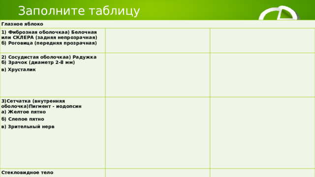 Заполните таблицу Глазное яблоко 1) Фиброзная оболочкаа) Белочная или СКЛЕРА (задняя непрозрачная) б) Роговица (передняя прозрачная) 2) Сосудистая оболочкаа) Радужка б) Зрачок (диаметр 2-8 мм) 3)Сетчатка (внутренняя оболочка)Пигмент - иодопсин в) Хрусталик а) Желтое пятно Стекловидное тело б) Слепое пятно в) Зрительный нерв 
