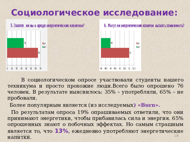 Социологическое исследование:  В социологическом опросе участвовали студенты нашего техникума и просто прохожие люди.Всего было опрошено 76 человек. В результате выяснилось: 35% – употребляли, 65% – не пробовали.  Более популярным является (из исследуемых ) «Burn».   По результатам опроса 19% опрашиваемых ответили, что они принимают энергетики, чтобы прибавилась сила и энергия. 65% опрошенных знают о побочных эффектах. Но самым страшным является то, что 13% , ежедневно употребляют энергетические напитки. 11/21/2024  