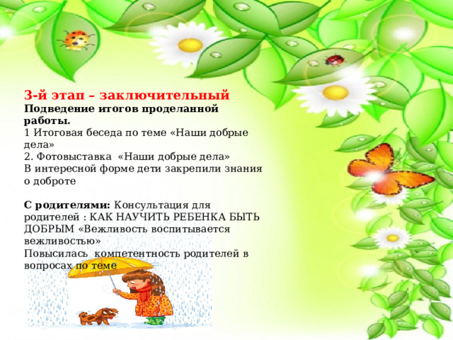   3-й этап – заключительный Подведение итогов проделанной работы. 1 Итоговая беседа по теме «Наши добрые дела» 2. Фотовыставка  «Наши добрые дела»   В интересной форме дети закрепили знания о доброте  С родителями: Консультация для родителей : КАК НАУЧИТЬ РЕБЕНКА БЫТЬ ДОБРЫМ «Вежливость воспитывается вежливостью» Повысилась  компетентность родителей в вопросах по теме 