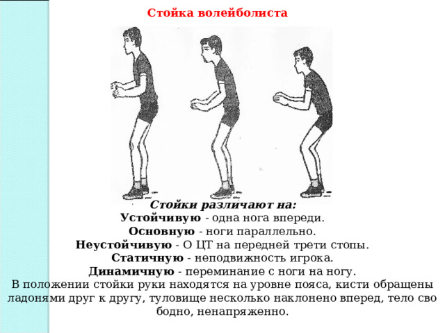 Стойка волейболиста Стойки различают на: Устойчивую - одна нога впереди. Основную - ноги параллельно. Неустойчивую - О ЦТ на передней трети стопы. Статичную - неподвижность игрока. Динамичную - переминание с ноги на ногу. В положении стойки руки находятся на уровне пояса, кисти обращены ладонями друг к другу, туловище несколько наклонено вперед, тело сво­бодно, ненапряженно. 