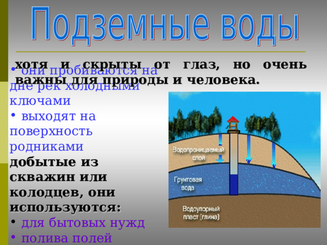 хотя и скрыты от глаз, но очень важны для природы и ч еловека .   они пробиваются на дне рек холодными ключами  выходят на поверхность родниками добытые из скважин или колодцев,  они используются :  для бытовых нужд  полива полей  обводнения пастбищ  