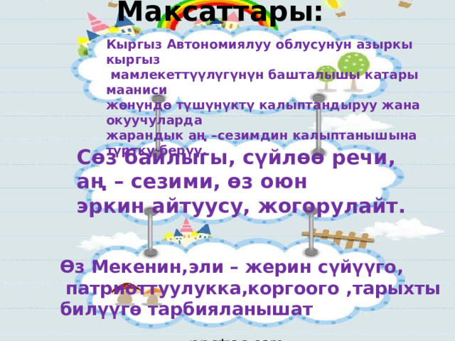 Максаттары: Кыргыз Автономиялуу облусунун азыркы кыргыз  мамлекеттүүлүгүнүн башталышы катары мааниси жөнүндө түшүнүктү калыптандыруу жана окуучуларда жарандык аң –сезимдин калыптанышына түрткү берүү.   Сөз байлыгы, сүйлөө речи, аң – сезими, өз оюн эркин айтуусу, жогорулайт. Өз Мекенин,эли – жерин сүйүүго,  патриоттуулукка,коргоого ,тарыхты билүүгө тарбияланышат 