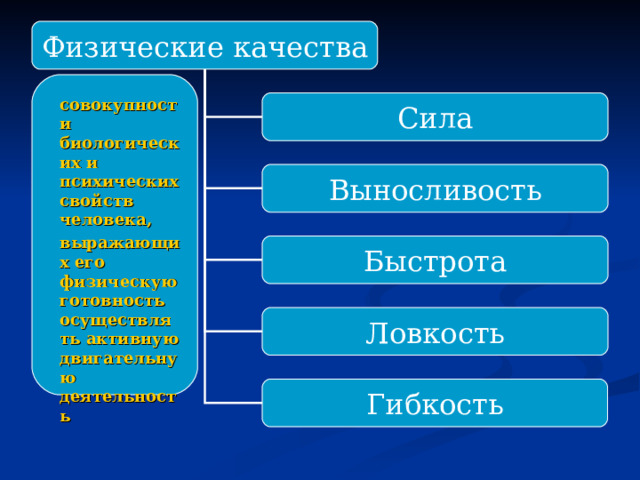 Физические качества совокупности биологических и психических свойств человека, выражающих его физическую готовность осуществлять активную двигательную деятельность  Сила Выносливость Быстрота Ловкость Гибкость 